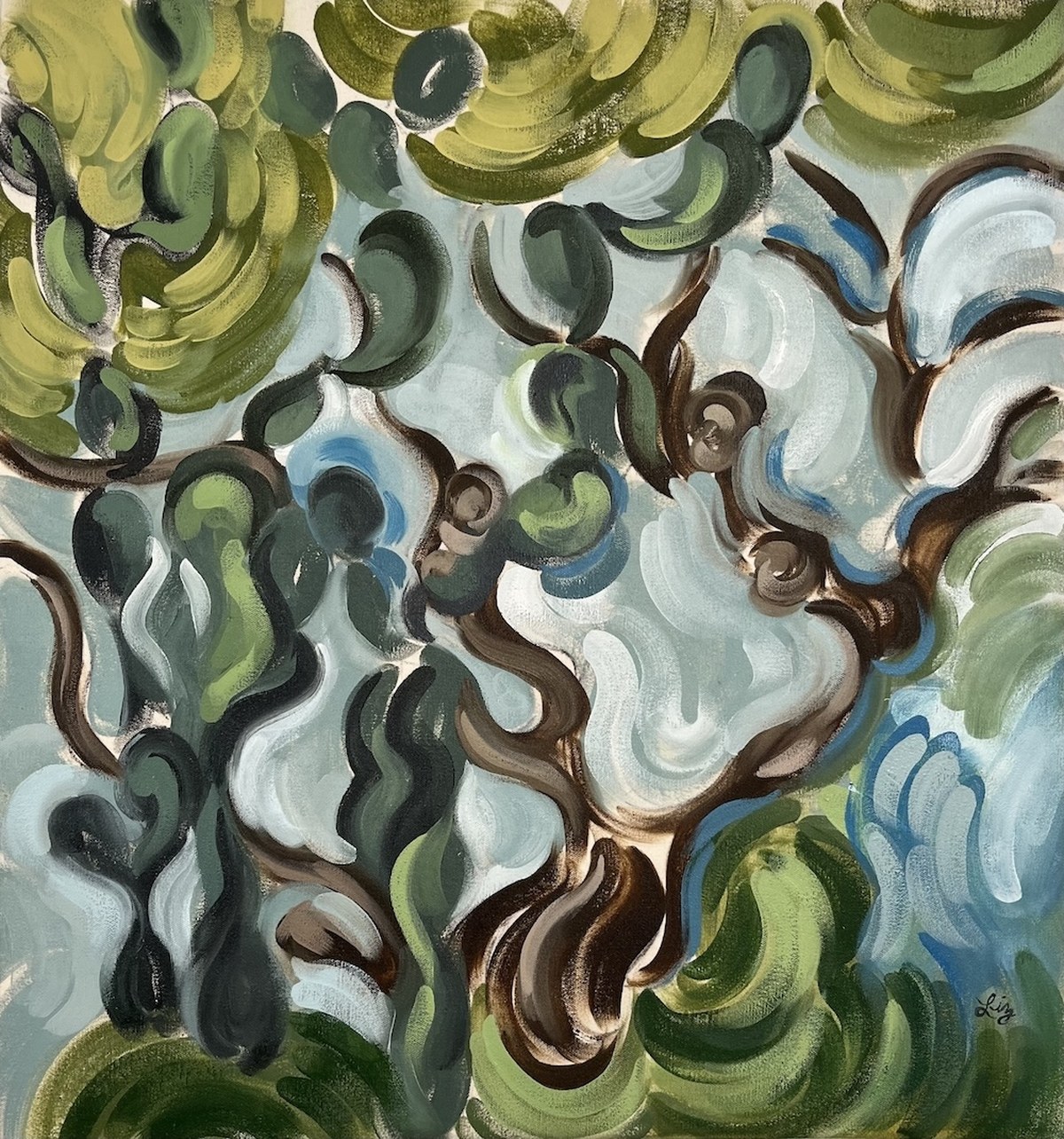 Mesquite Tree with Cactus II, oil painting by Liz Hester