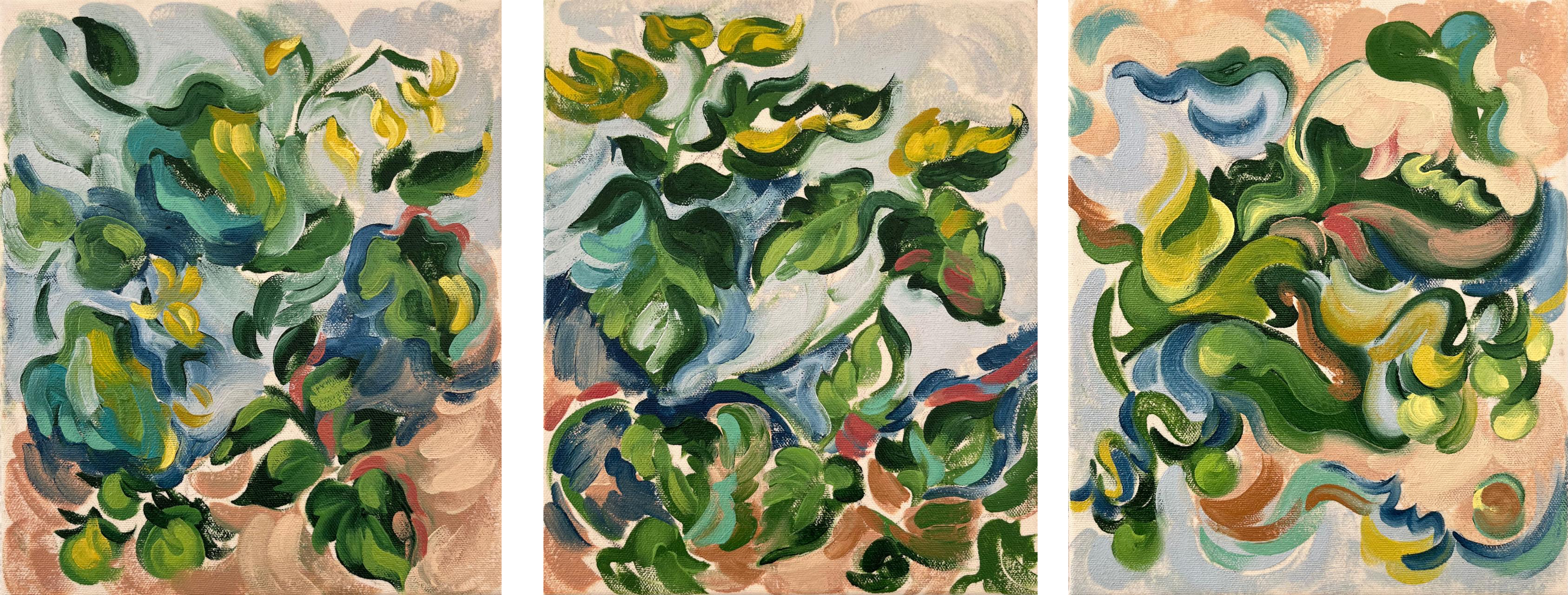 Tomato Plant Series, three oil paintings by Liz Hester